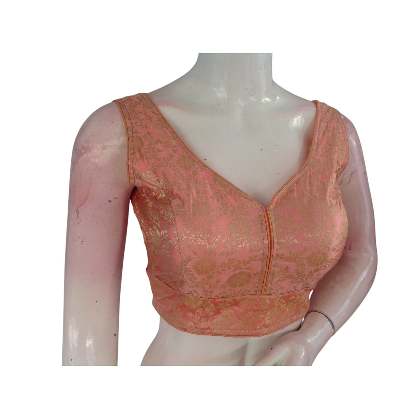 Blushing Peach Banaras Silk Ready made Saree Blouse: Delicate Elegance