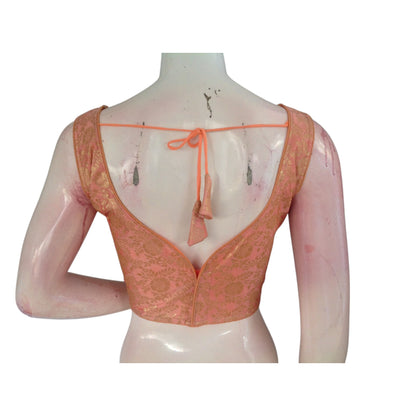 Blushing Peach Banaras Silk Ready made Saree Blouse: Delicate Elegance