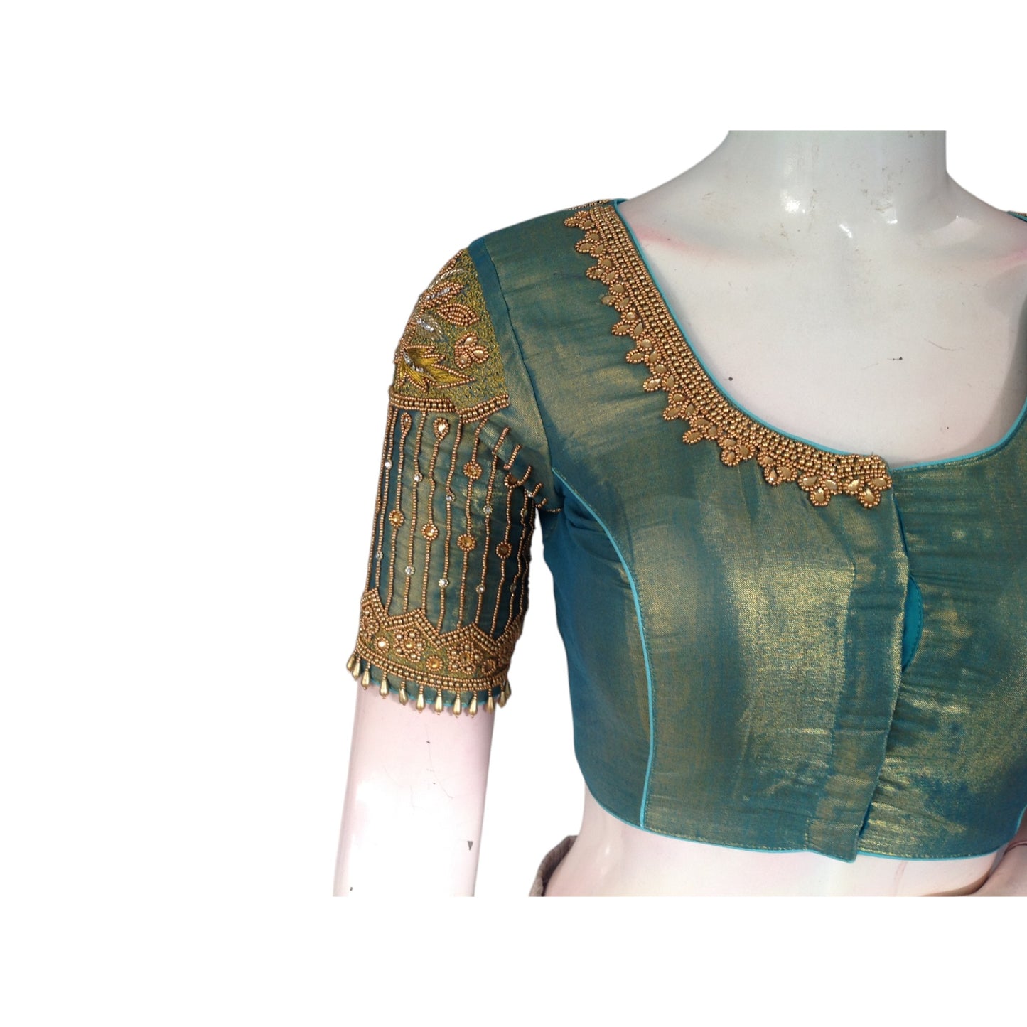 Teal Delight: Aari Handwork Tissue Silk Blouse for Every Occasion