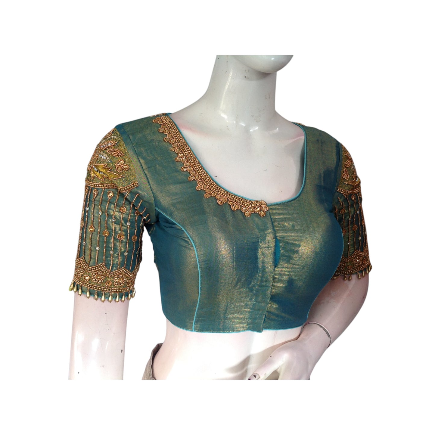 Teal Delight: Aari Handwork Tissue Silk Blouse for Every Occasion