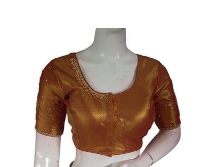 Copper Gold Radiance: Aari Handwork Tissue Silk Readymade Saree Blouses