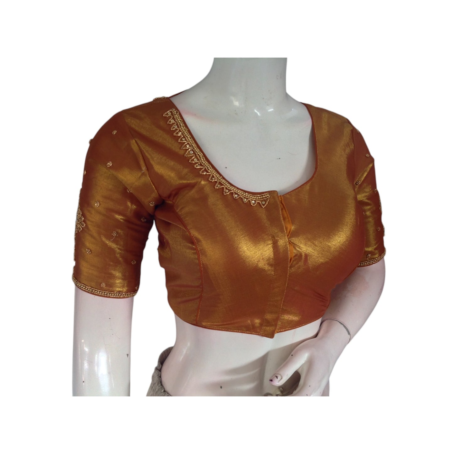 Copper Gold Radiance: Aari Handwork Tissue Silk Readymade Saree Blouses