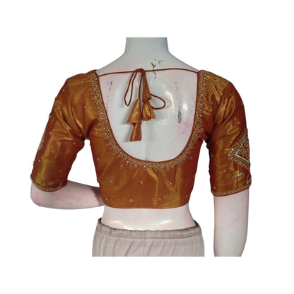 Copper Gold Radiance: Aari Handwork Tissue Silk Readymade Saree Blouses