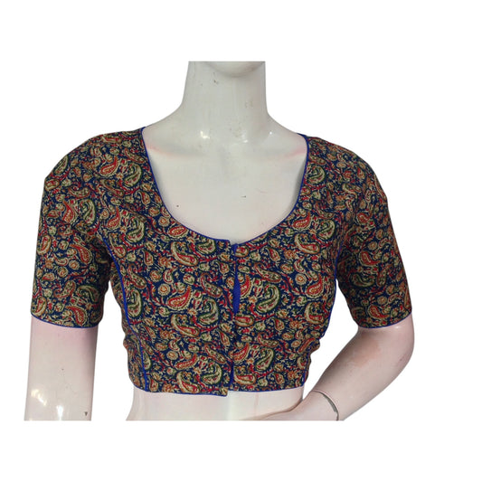 Luxurious Royal Blue Kalamkari Printed Cotton Blouse - Timeless & Elegant