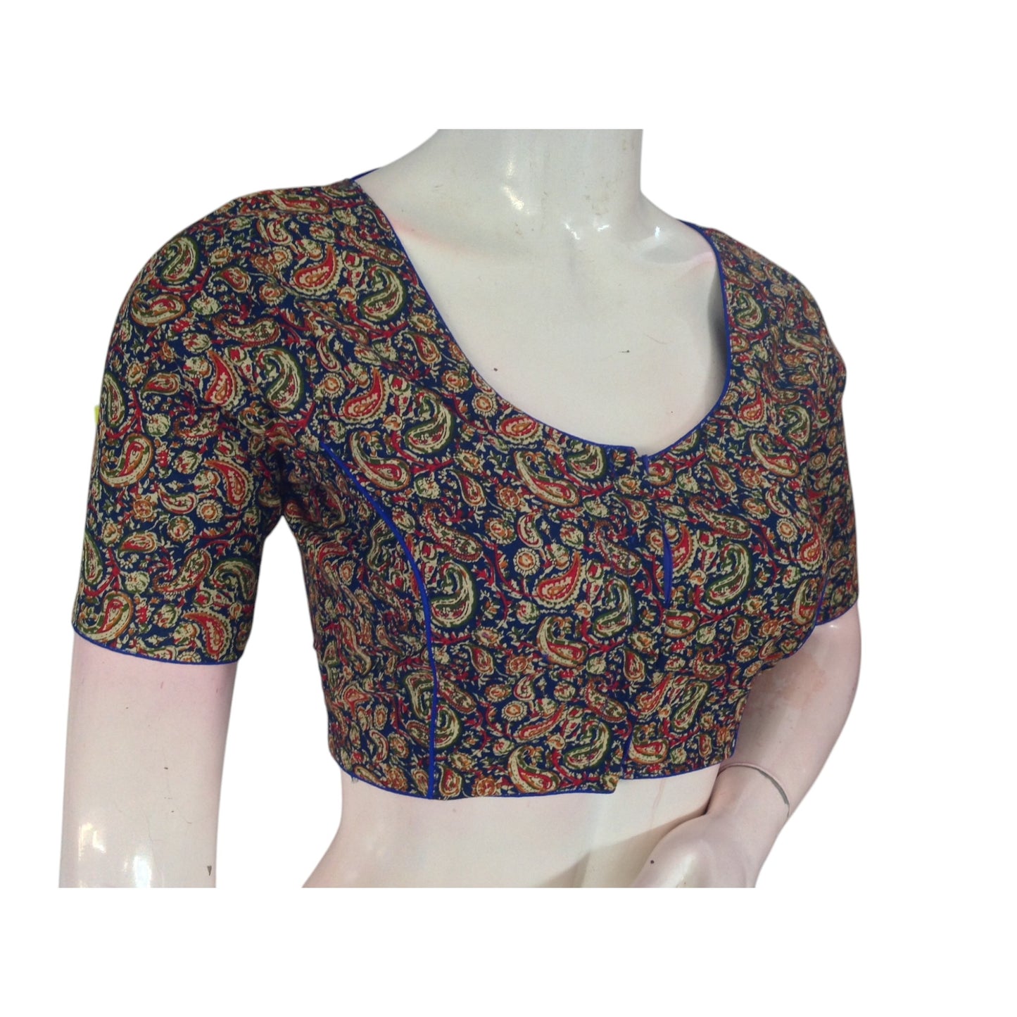 Luxurious Royal Blue Kalamkari Printed Cotton Blouse - Timeless & Elegant