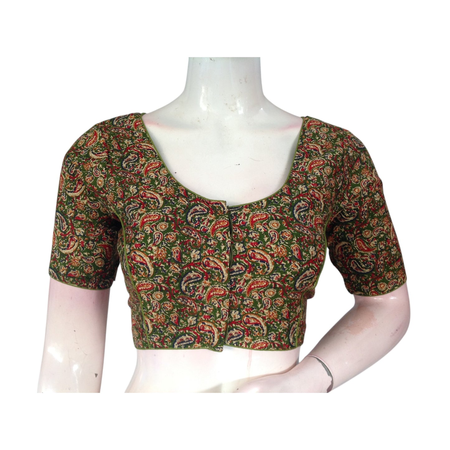 Unique Olive Green Kalamkari Printed Cotton Blouse - Sophisticated & Chic