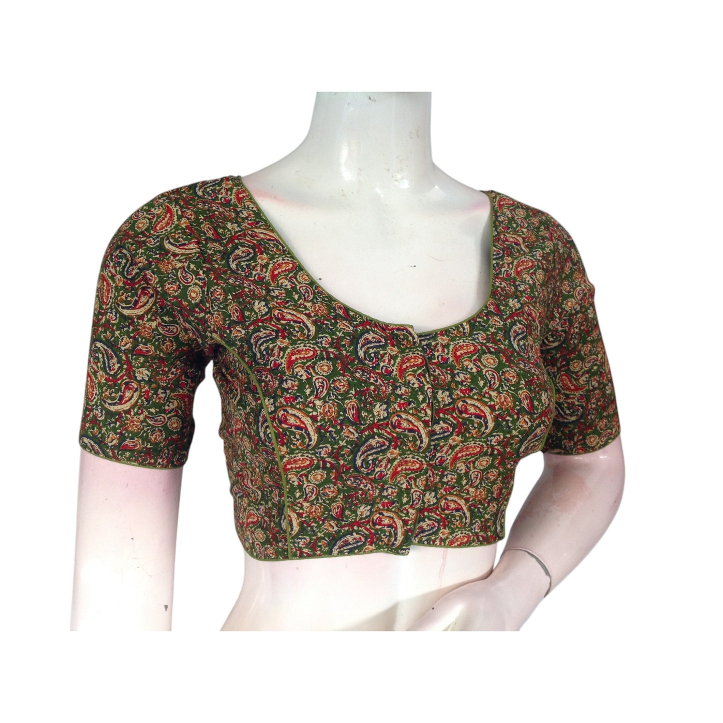 Unique Olive Green Kalamkari Printed Cotton Blouse - Sophisticated & Chic