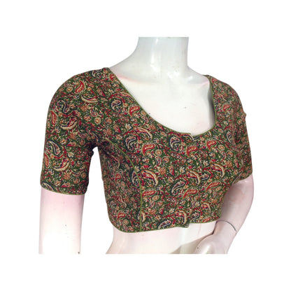 Unique Olive Green Kalamkari Printed Cotton Blouse - Sophisticated & Chic