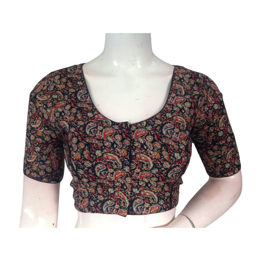 Black Color Kalamkari Printed Cotton Readymade Blouse - Elegant & Sophisticated