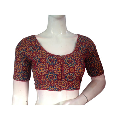 Elegant Maroon Kalamkari Printed Cotton Blouse - Timeless & Sophisticated