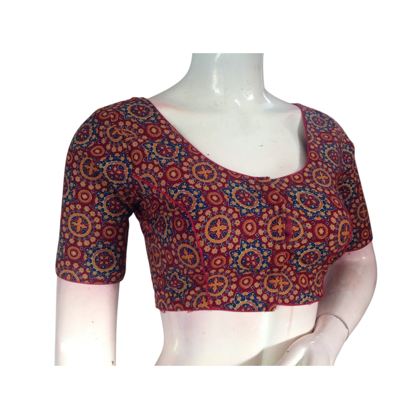 Elegant Maroon Kalamkari Printed Cotton Blouse - Timeless & Sophisticated