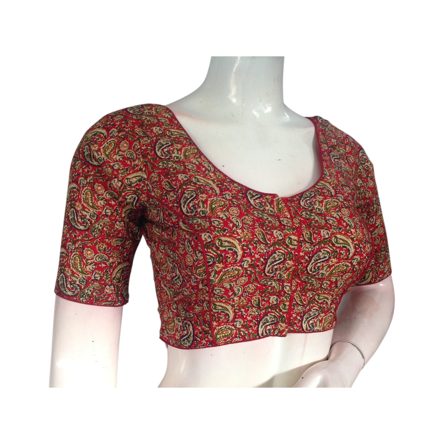 Red Color Kalamkari Printed Cotton Readymade Blouse - Elegant & Comfortable