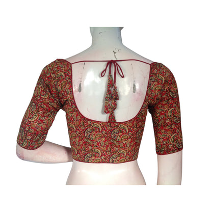 Red Color Kalamkari Printed Cotton Readymade Blouse - Elegant & Comfortable