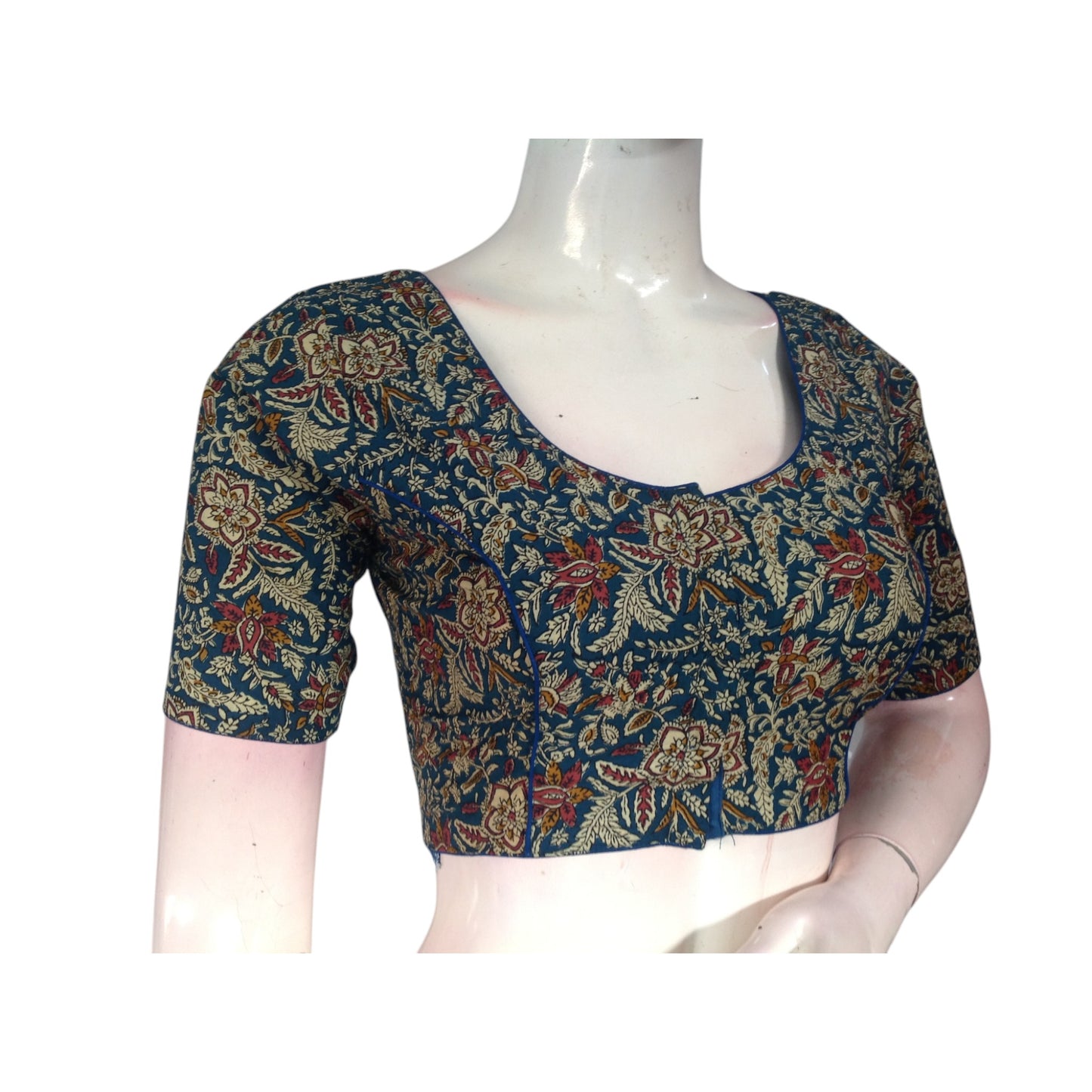 Teal Blue Color Kalamkari Printed Cotton Readymade Blouse - Fresh & Vibrant