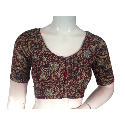 Maroon Color Kalamkari Printed Cotton Readymade Blouse: Rich & Sophisticated