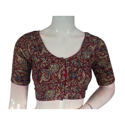 Maroon Color Kalamkari Printed Cotton Readymade Blouse: Rich & Sophisticated