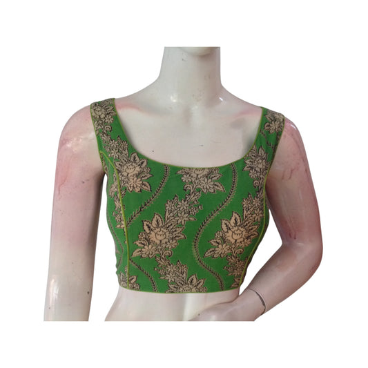 Emerald Bloom: Green Color Kalamkari Sleeveless Readymade Saree Blouse