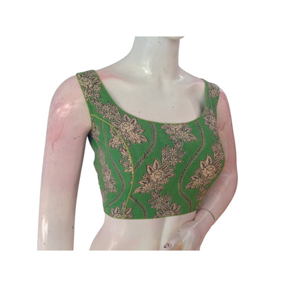 Emerald Bloom: Green Color Kalamkari Sleeveless Readymade Saree Blouse