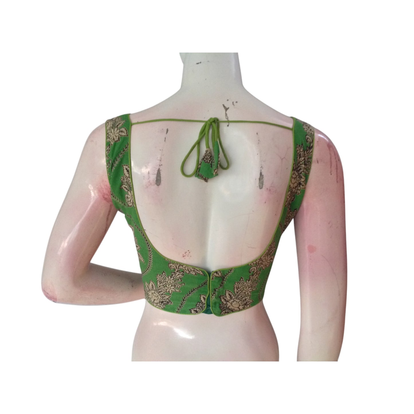 Emerald Bloom: Green Color Kalamkari Sleeveless Readymade Saree Blouse