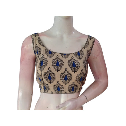 Earthen Elegance: Beige Color Kalamkari Sleeveless Readymade Saree Blouse