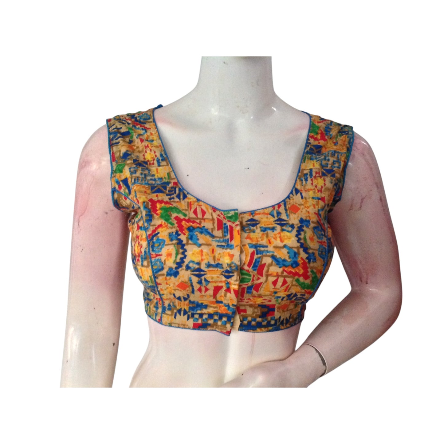 Vibrant Multi-Color Kalamkari Sleeveless Boat Neck Readymade Saree Blouse