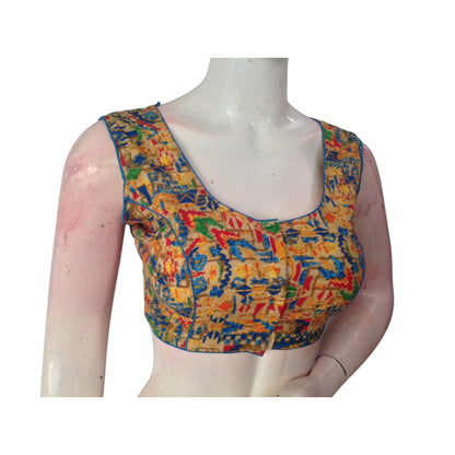 Vibrant Multi-Color Kalamkari Sleeveless Boat Neck Readymade Saree Blouse