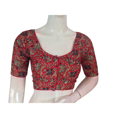 Romantic Red: Kalamkari Printed Cotton Ready made Saree Blouse