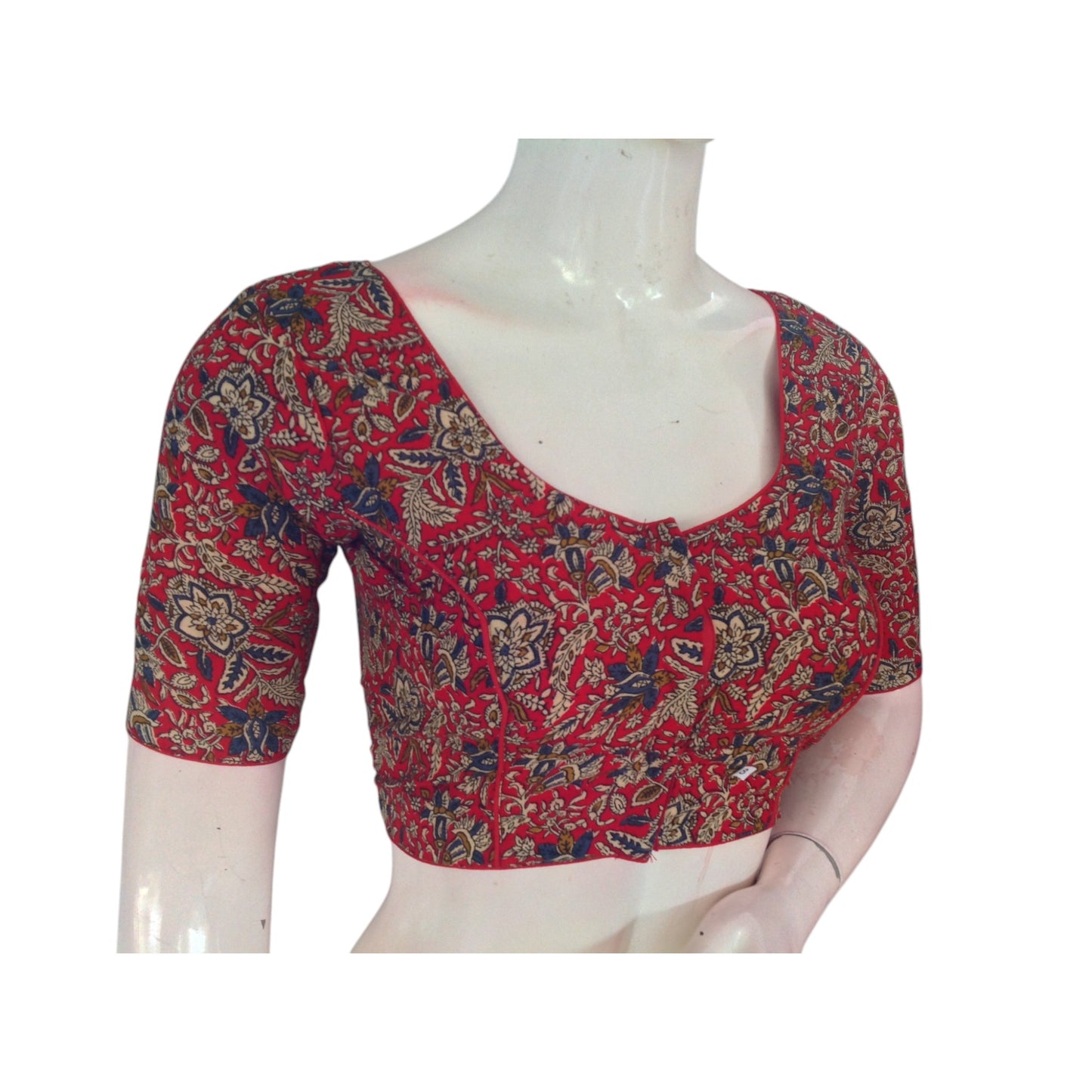 Romantic Red: Kalamkari Printed Cotton Ready made Saree Blouse