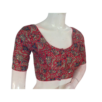 Romantic Red: Kalamkari Printed Cotton Ready made Saree Blouse