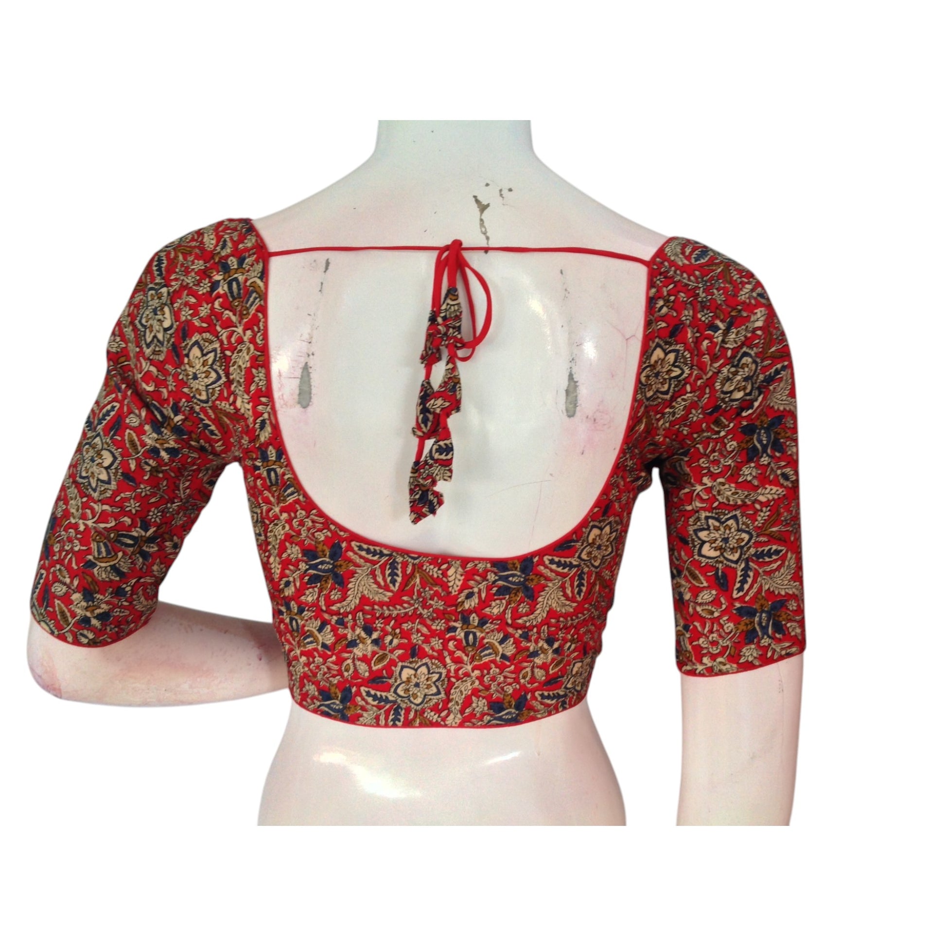 Romantic Red: Kalamkari Printed Cotton Ready made Saree Blouse