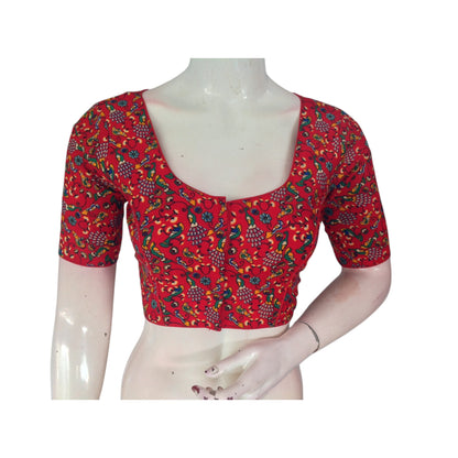 Romantic Red: Kalamkari Printed Cotton Readymade  Blouse