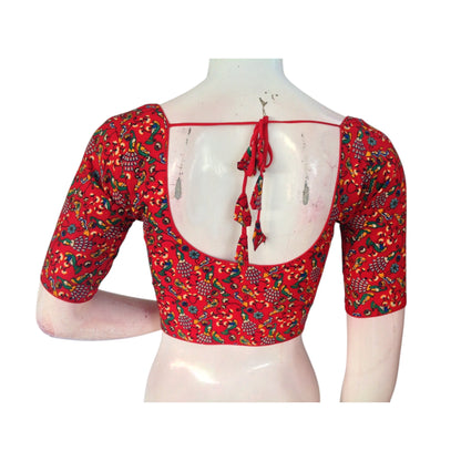 Romantic Red: Kalamkari Printed Cotton Readymade  Blouse