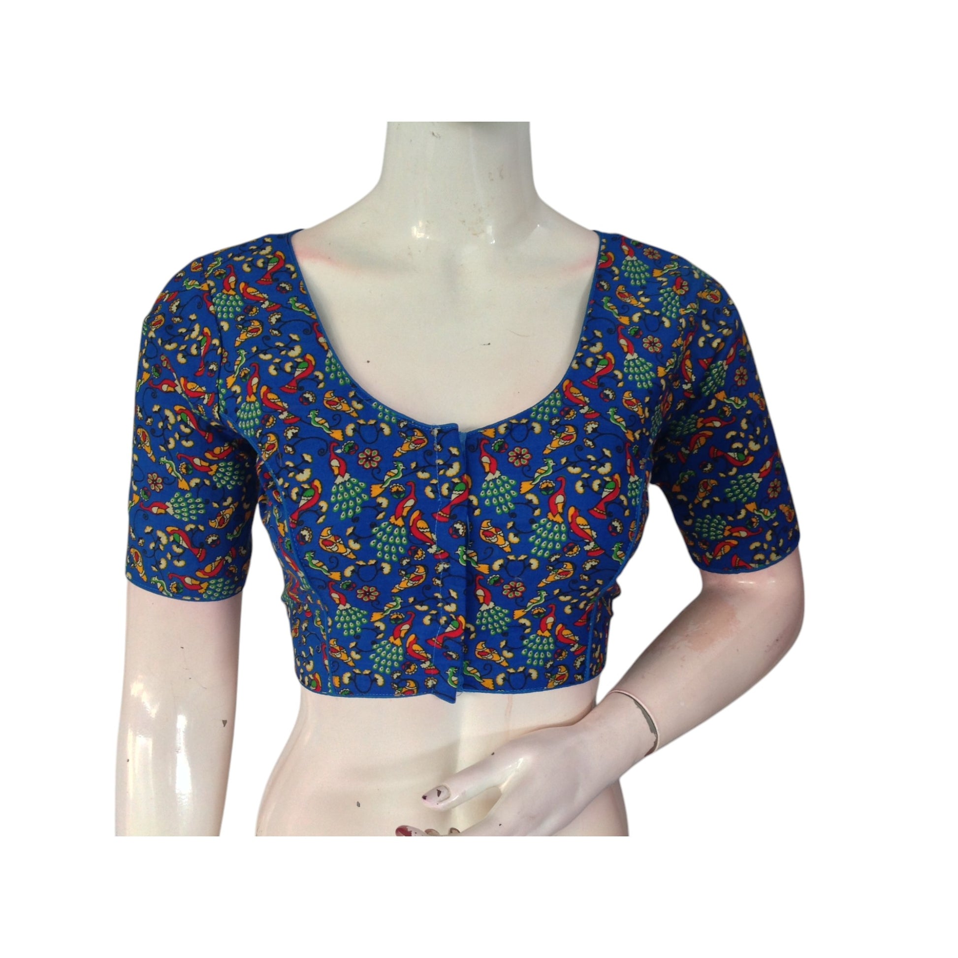 Stylish & Sophisticated: Royal Blue Cotton Printed Readymade Saree Blouse