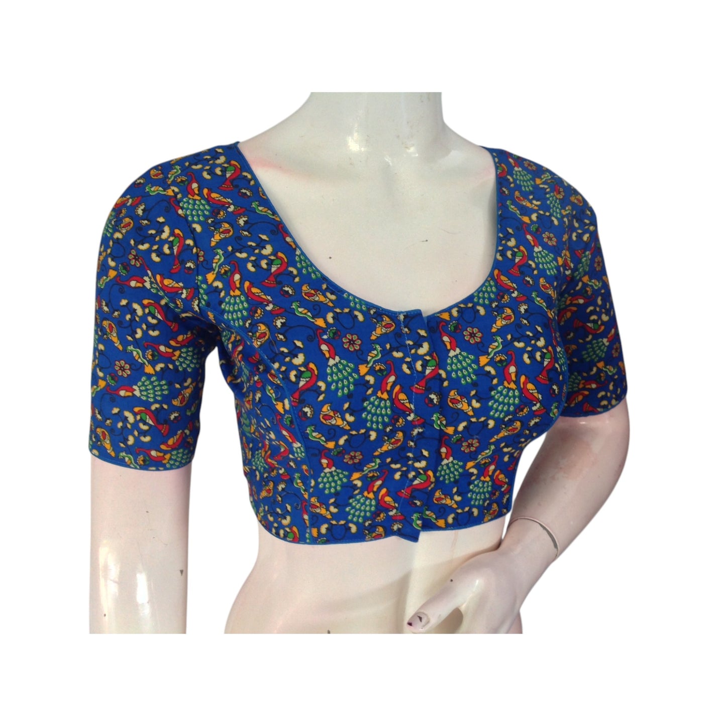 Stylish & Sophisticated: Royal Blue Cotton Printed Readymade Saree Blouse