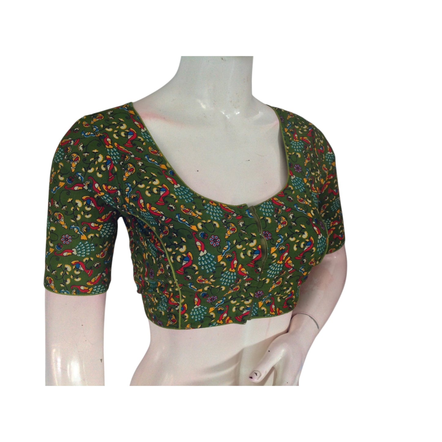 Trendy Olive Green: Cotton Kalamkari Printed Readymade Saree Blouse