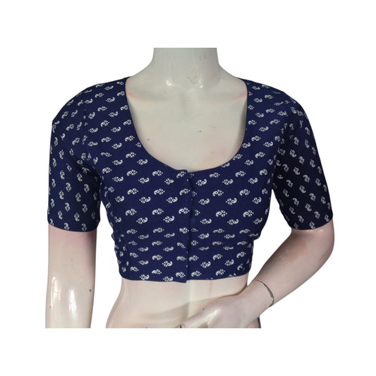 Stylish & Versatile: Navy Blue Color Cotton Printed Readymade Saree Blouse