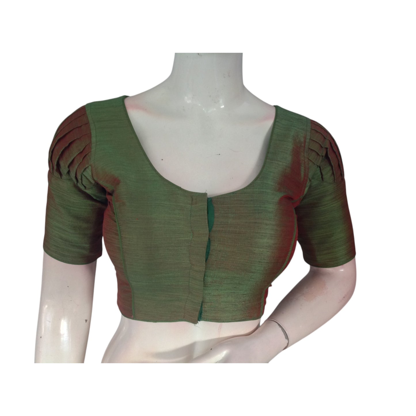 Olive Green Elegance: Plain Semi Silk Readymade Blouse with Puff Sleeves