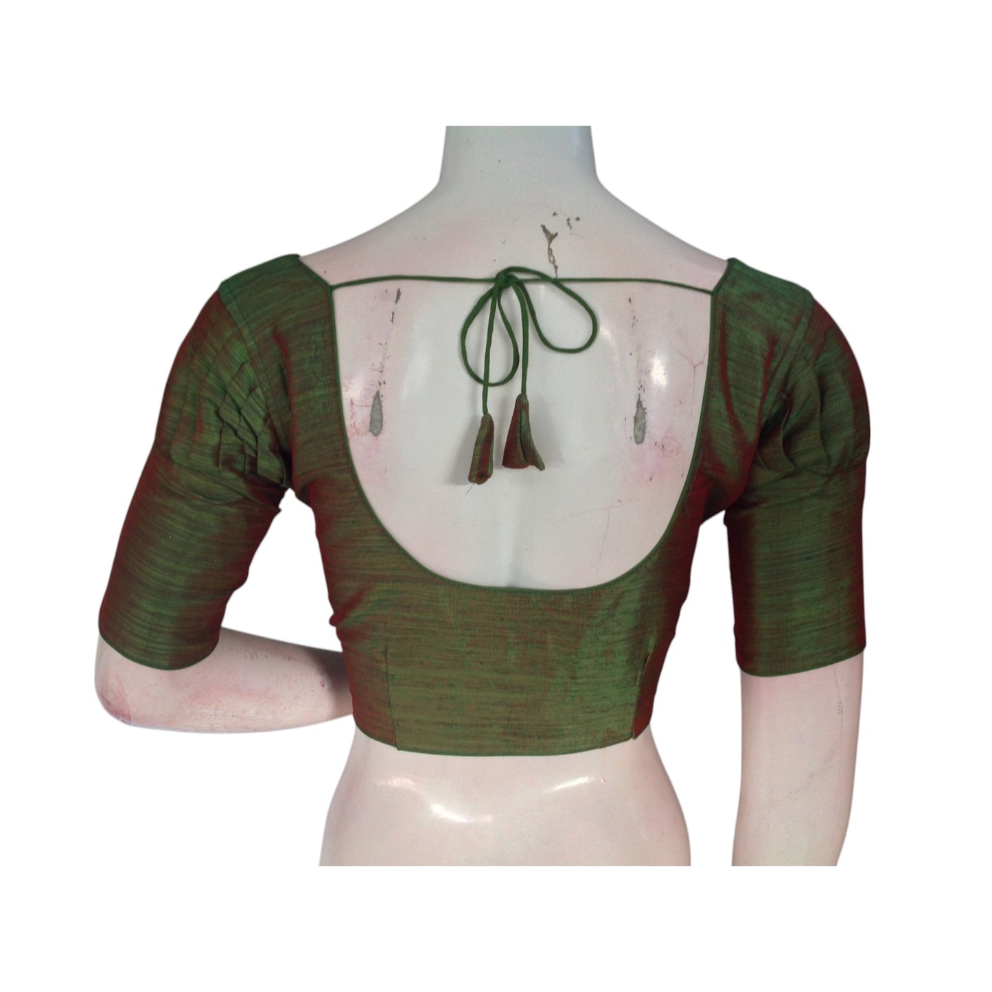 Olive Green Elegance: Plain Semi Silk Readymade Blouse with Puff Sleeves