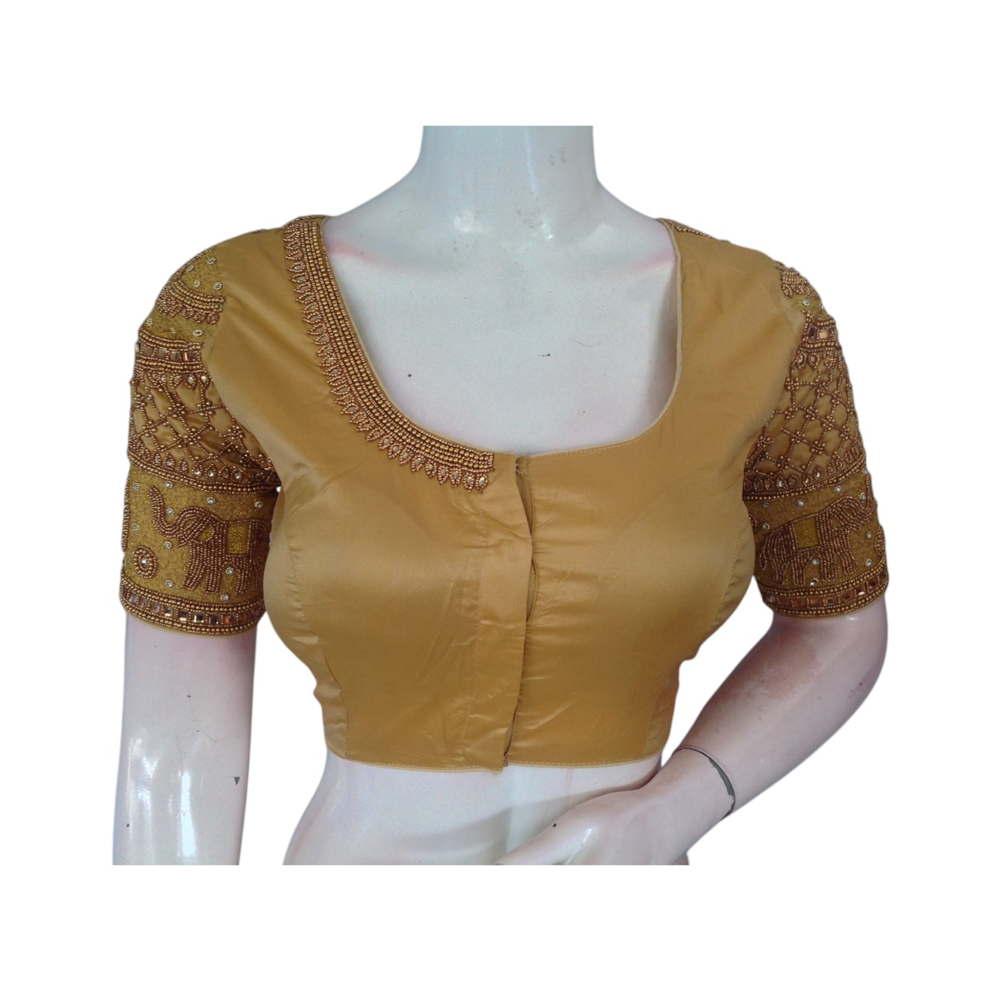 Golden Glamour: Aari Handwork Semi Silk Blouse for Weddings