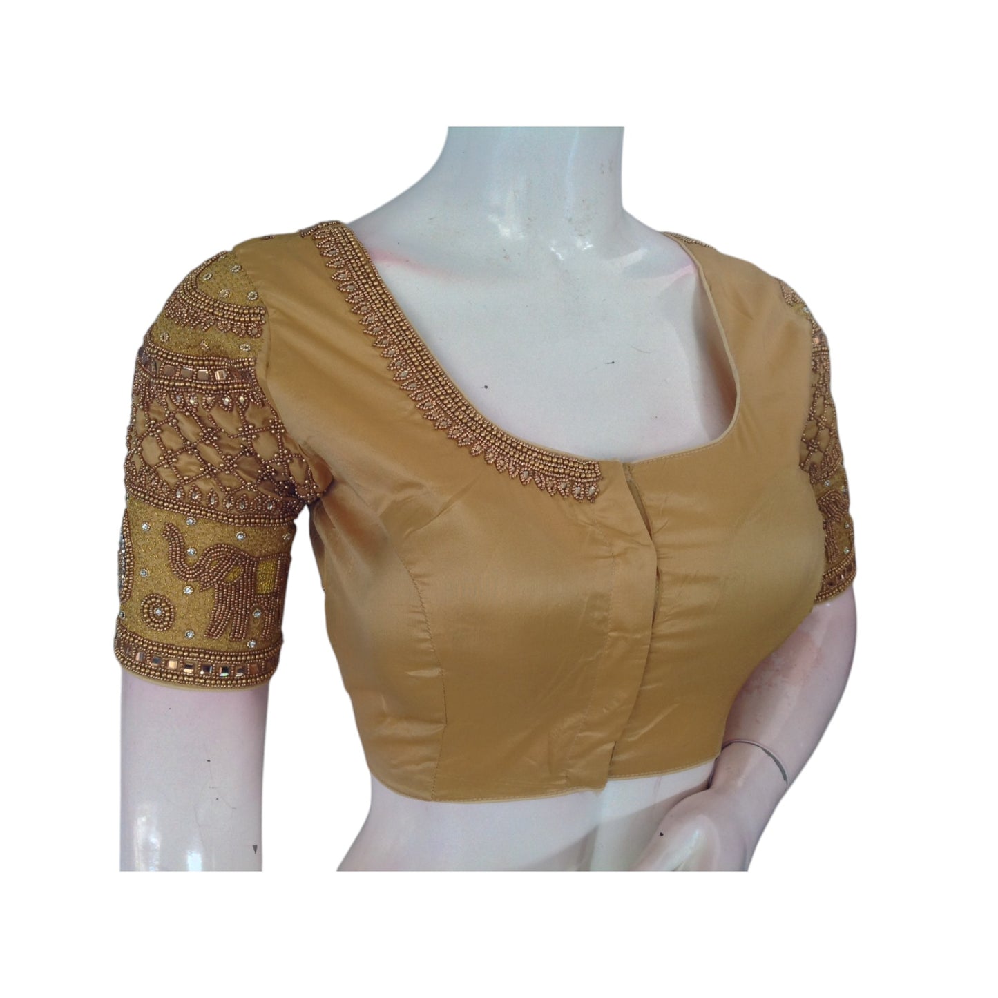 Golden Glamour: Aari Handwork Semi Silk Blouse for Weddings