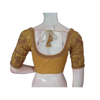 Golden Glamour: Aari Handwork Semi Silk Blouse for Weddings