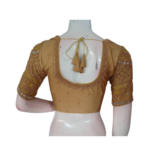 Golden Radiance: Aari Handwork Wedding Silk Saree Readymade Blouse