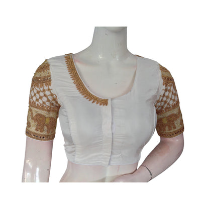 Effortless Chic: Aari Handwork Off-White Semi Silk Blouse for Weddings