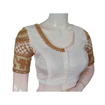 Effortless Chic: Aari Handwork Off-White Semi Silk Blouse for Weddings