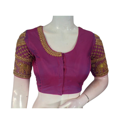 Enchanting purplish-pink : Aari Handwork Wedding Silk Saree Blouse