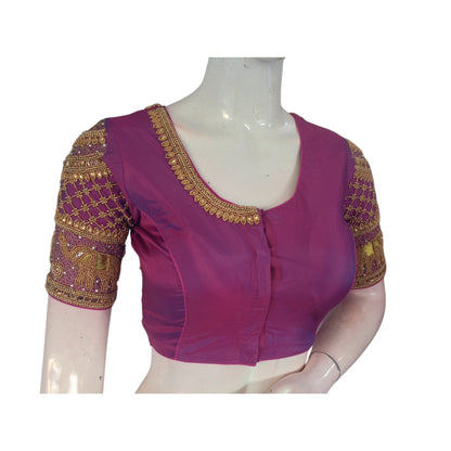 Enchanting purplish-pink : Aari Handwork Wedding Silk Saree Blouse