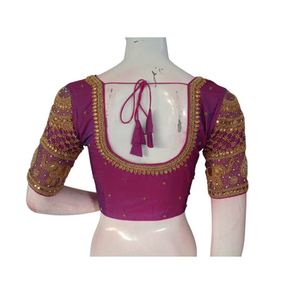 Enchanting purplish-pink : Aari Handwork Wedding Silk Saree Blouse