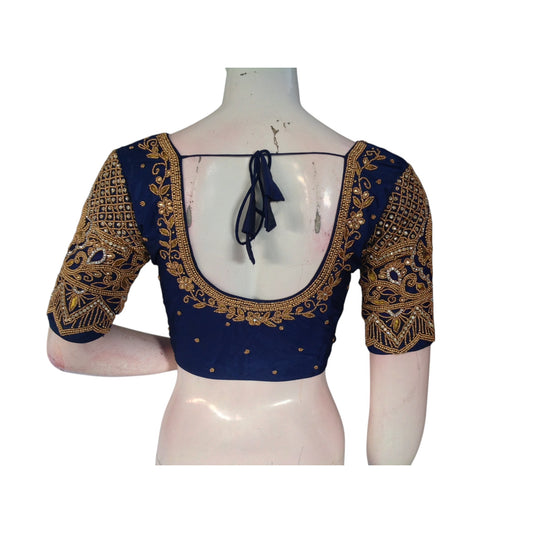 Unique Navy Blue Silk Saree Blouse with Aari Handwork: A Wedding Statement