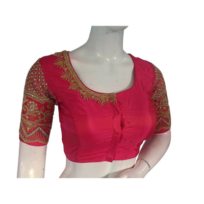 Warm Peach Pink Color Wedding Silk Saree Blouse with Exquisite Aari Handwork