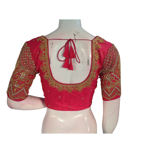 Warm Peach Pink Color Wedding Silk Saree Blouse with Exquisite Aari Handwork